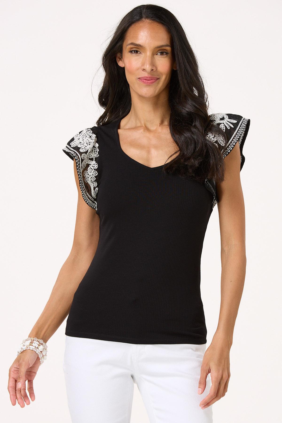 Embroidered Flutter Sleeve Top