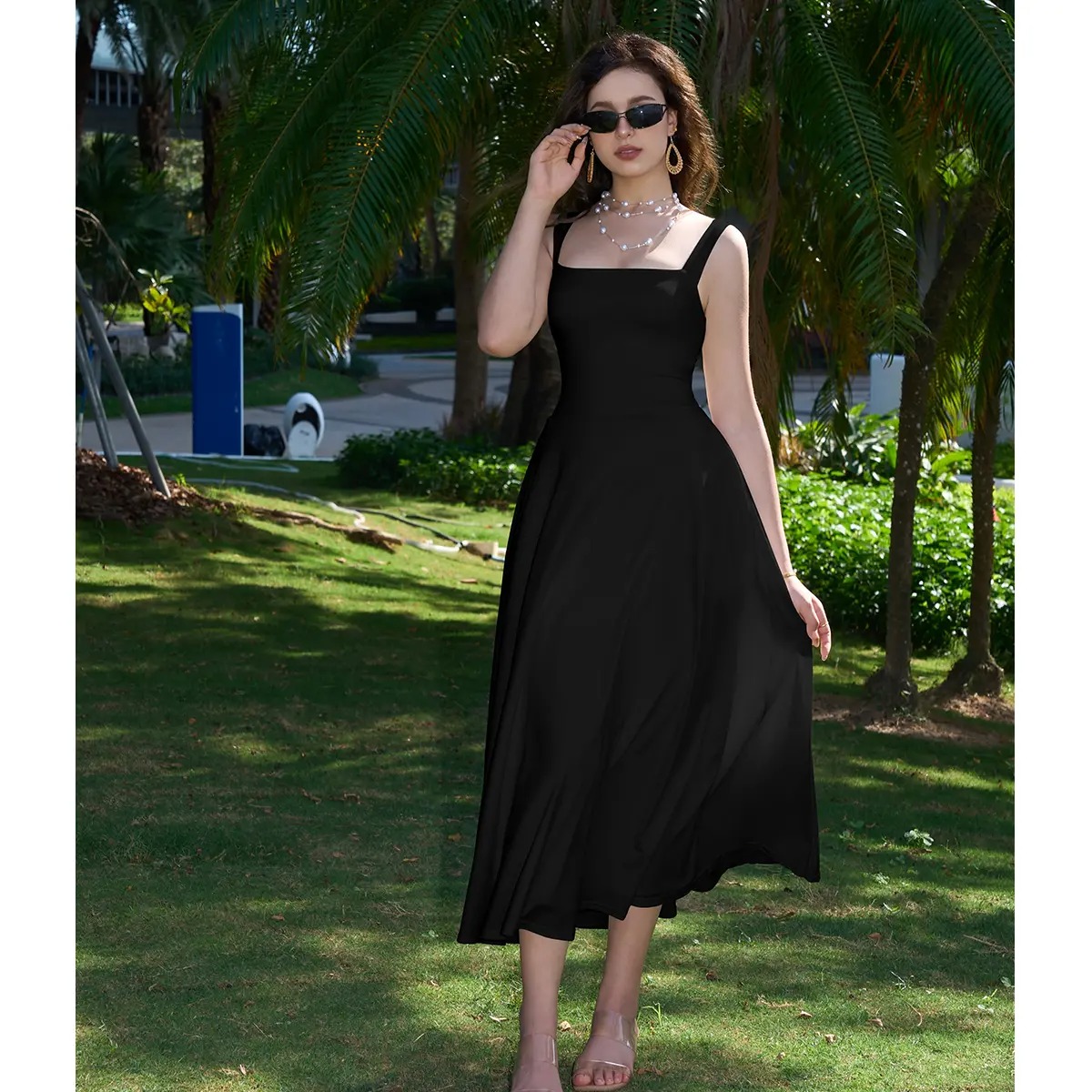 👗👗 Women’s Square Neck A-Line Flowy Dress with Pockets