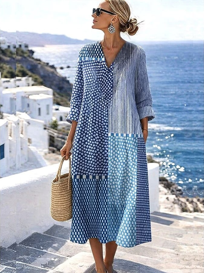Women's Casual Cotton and Linen Geometric Pattern Printed Loose Short Sleeve Dress- Fast Shipping
