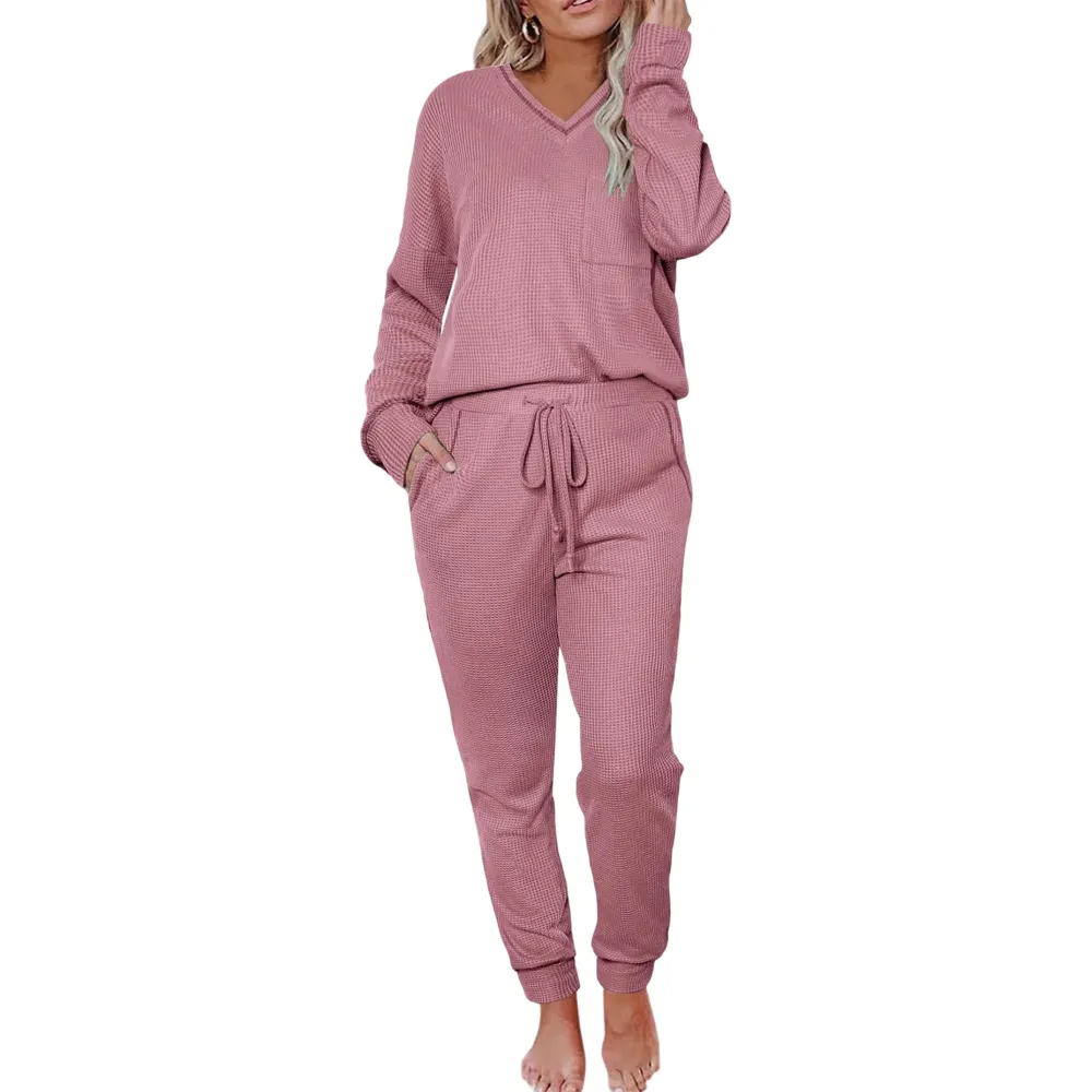 V-neck waffle knit top and pants casual set