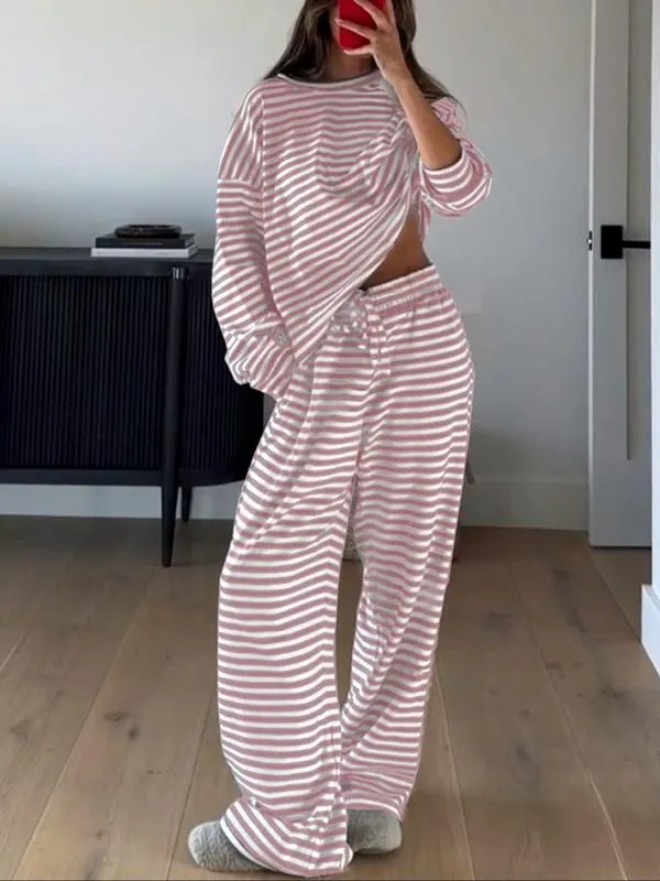 Women's Casual Striped Long Sleeve Top & Pants Set