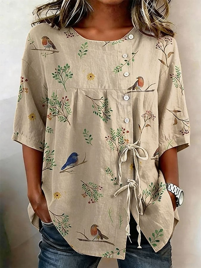 Women's Retro Floral Button Lace Up Tie Shirt- Fast Shipping