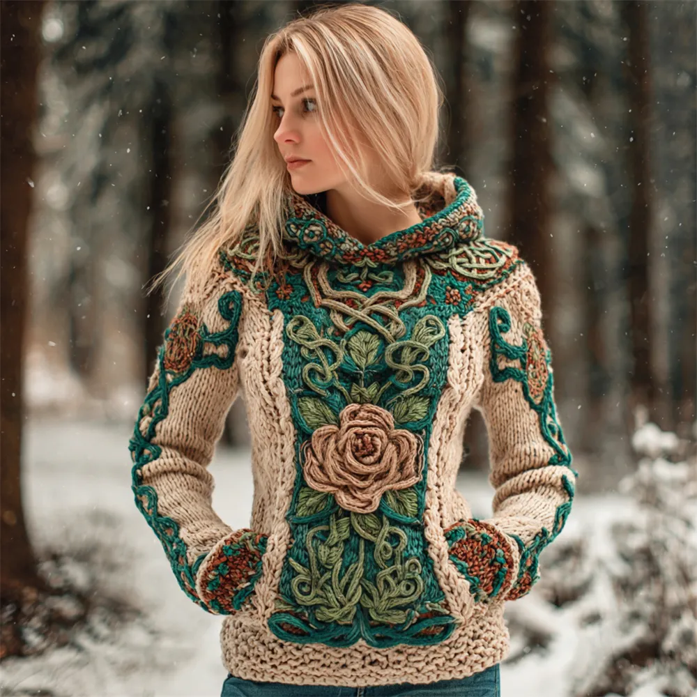 Vintage Viking Floral Art Women's Hooded Sweater