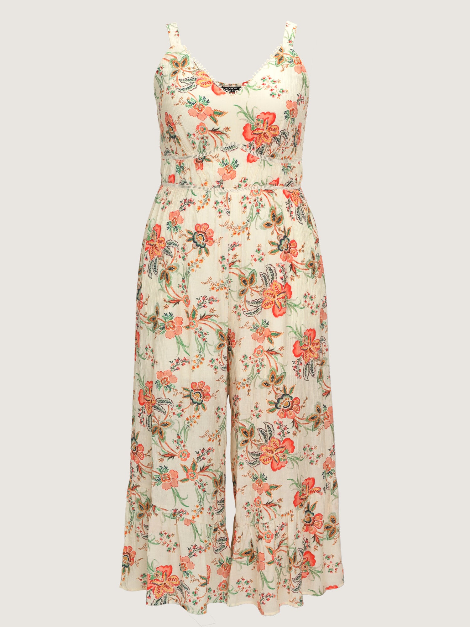 Floral Lace Trim Cinched-Waist Jumpsuit