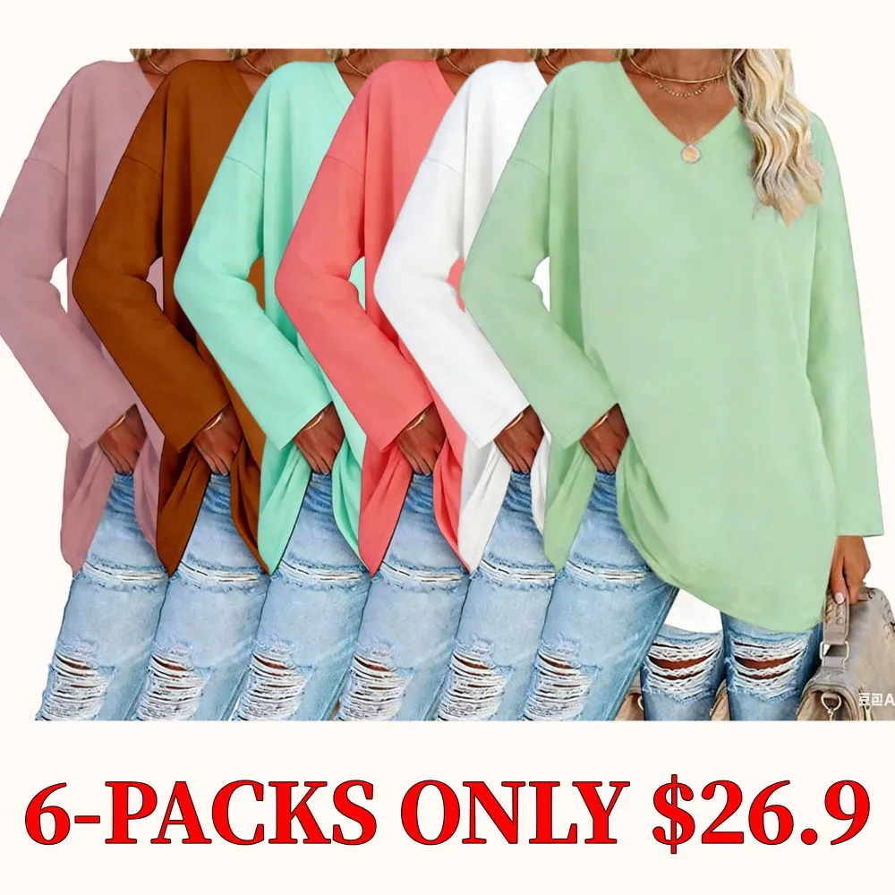 Plus-size solid color drop-shoulder V-neck T-shirt