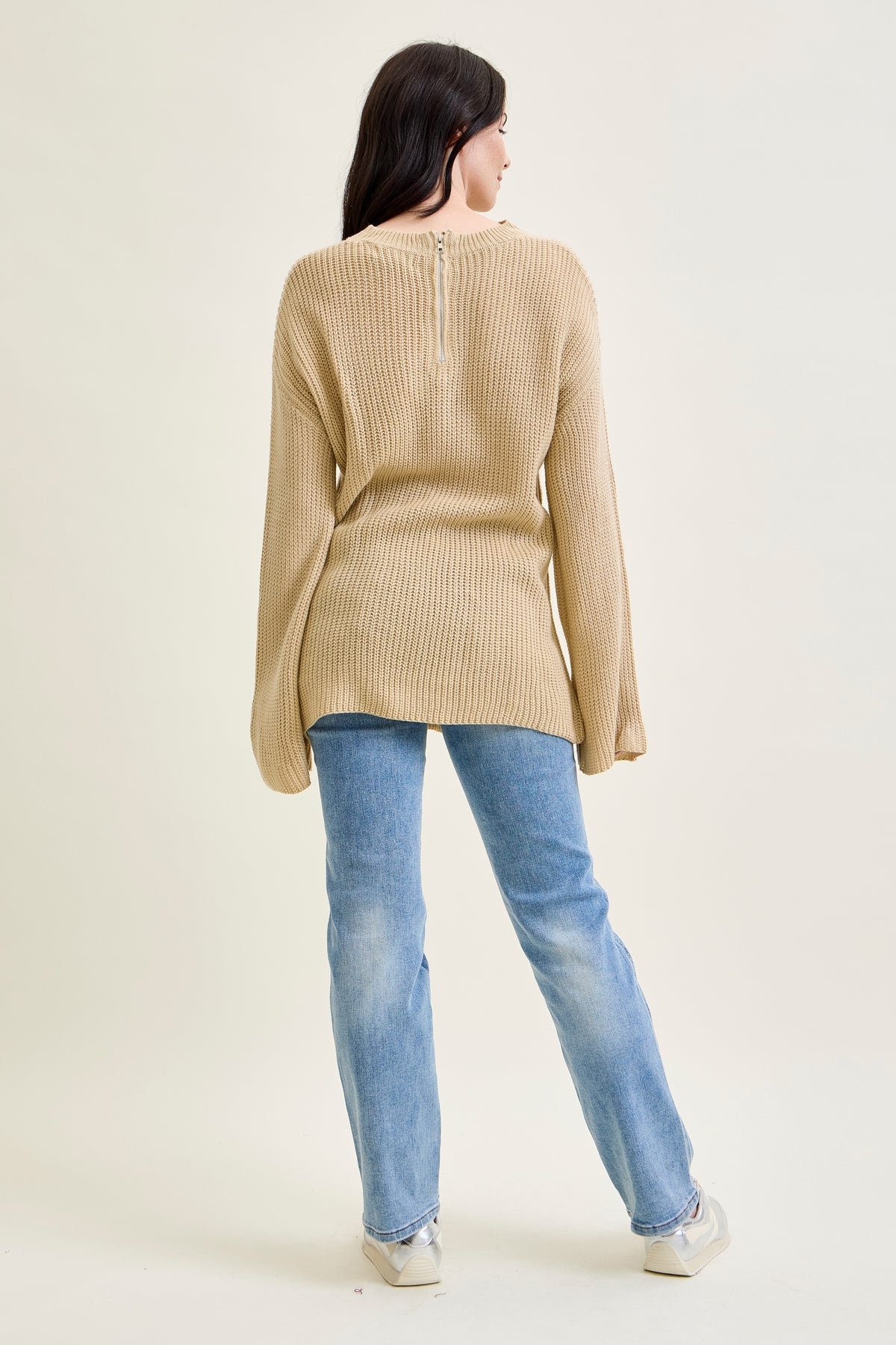 V-Neck Cut Out Pullover Beige Sweater