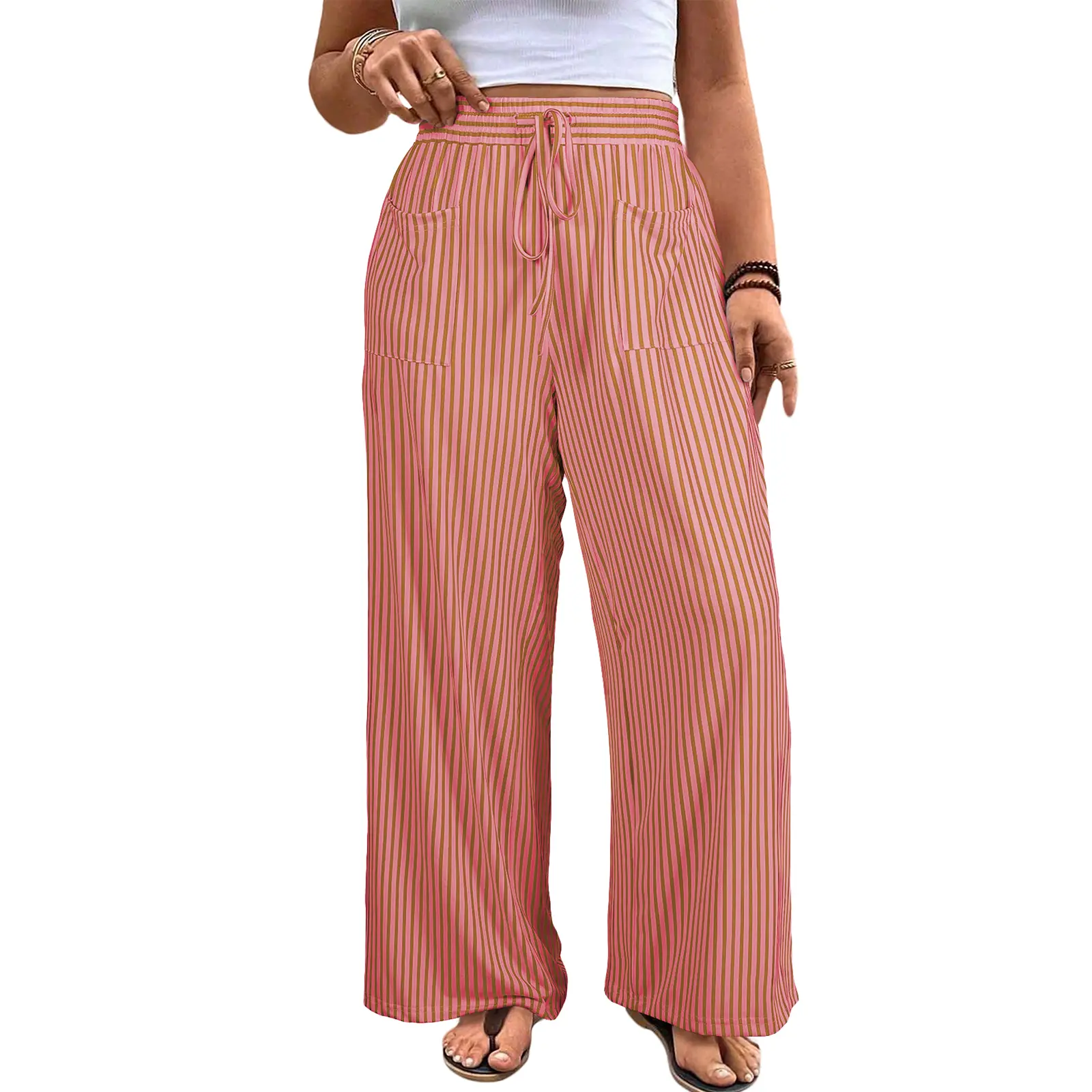 Womens Plus Size Wide Leg Pants Elastic High Waist Striped Casual Palazzo Pants Lounge Trouser with Pockets (1X-5X)