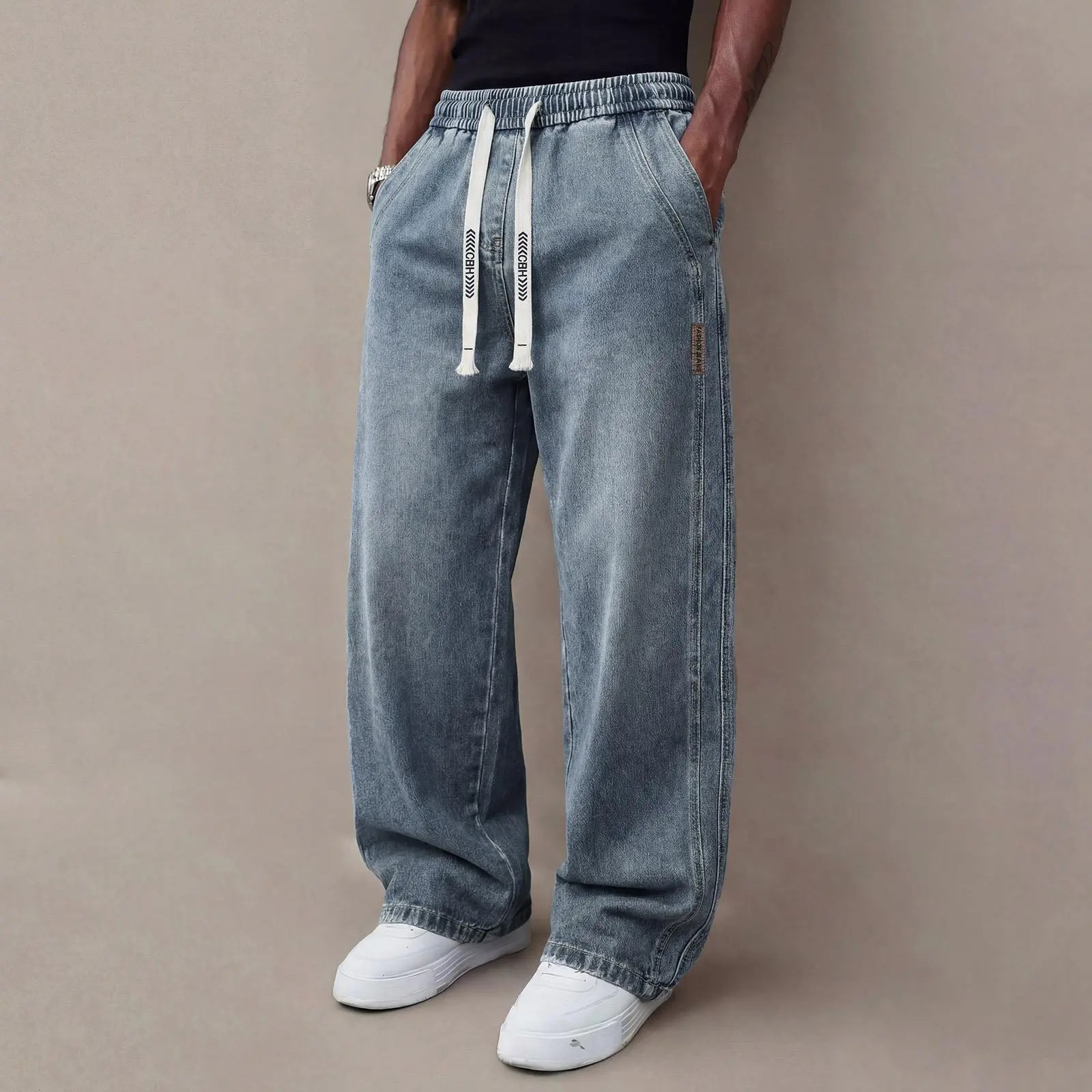 Men’s Vintage Washed Comfort-Stretch Drawstring Jeans