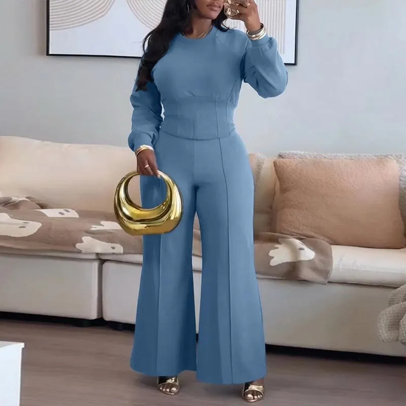 Women's 2 Pieces Outfit O-neck Long Sleeve Cinched Waist Sweatshirt and Elastic Waist Wide Leg Pants Set