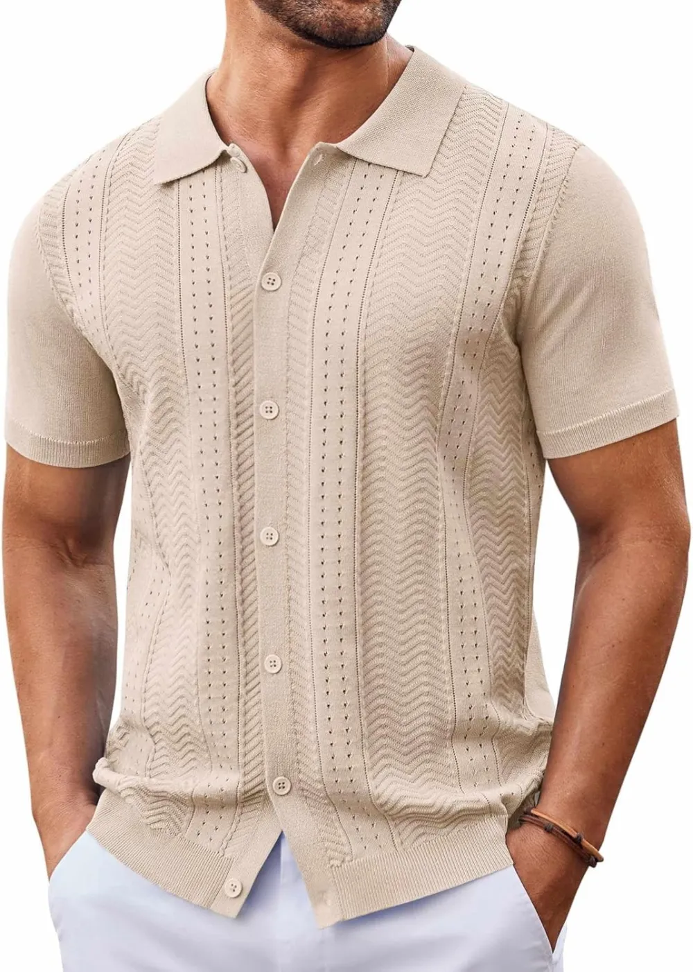 Mens Knit Button Down Shirt Short Sleeve Summer Casual Shirts Vintage Beach Vacation Shirts