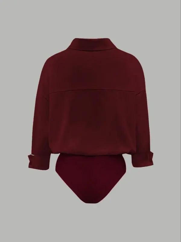 Women's casual loose-fitting V-neck long-sleeved shirt jumpsuit, made from elegant woven fabric