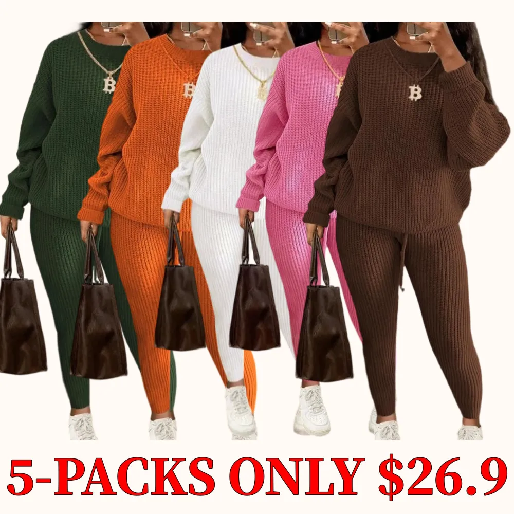 Women's solid color drop-shoulder long-sleeved sweater and drawstring waist trousers set