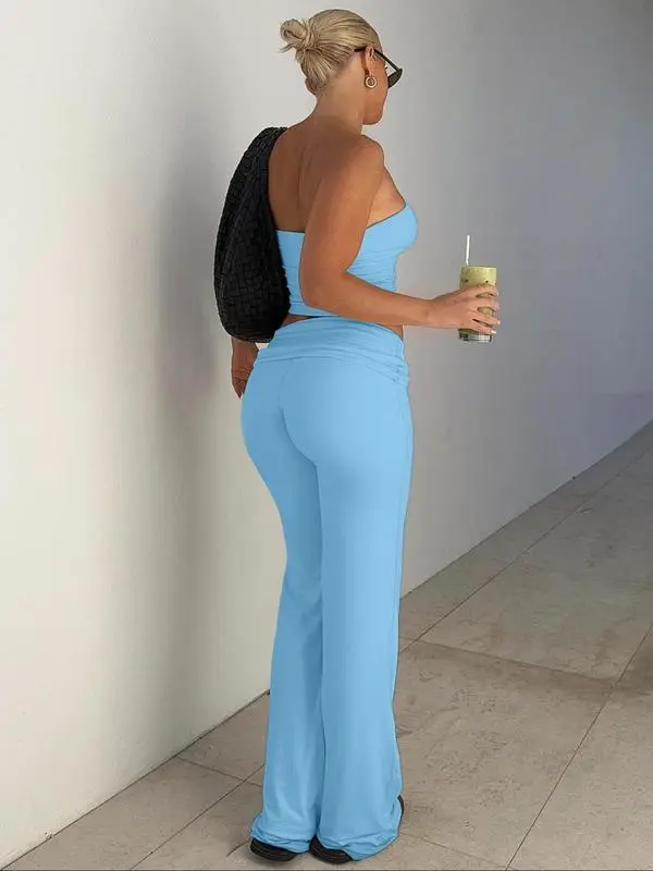 Two-Piece Set Women's Solid Crop Tube Top & Foldover Waist Flare Leg Pants