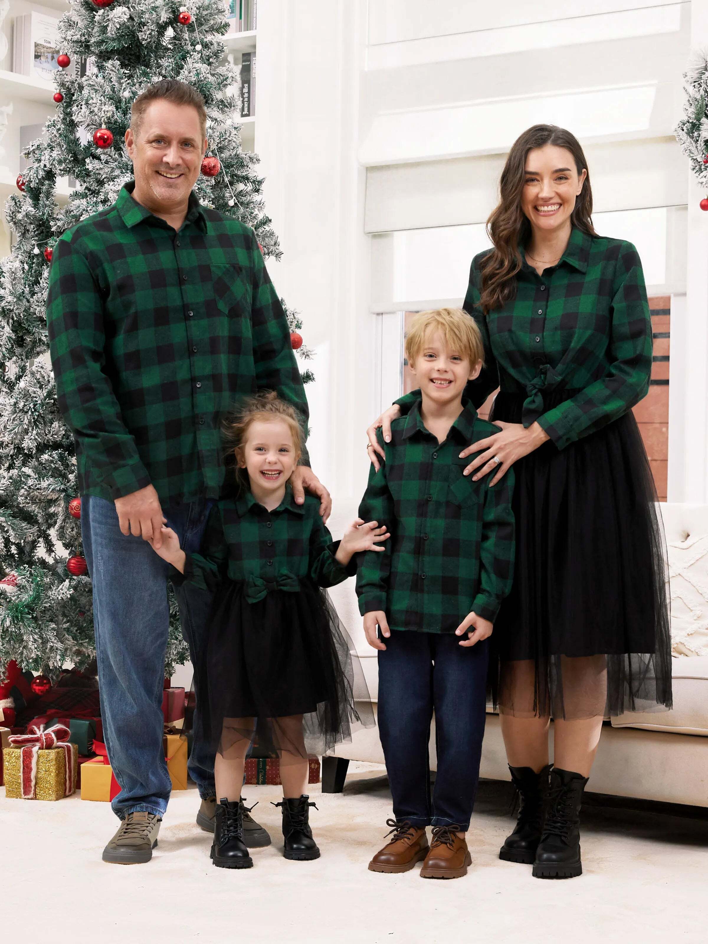 Family Matching Sets Green Plaid Long Sleeves Shirt or Tulle Mesh Dress DarkGreen
