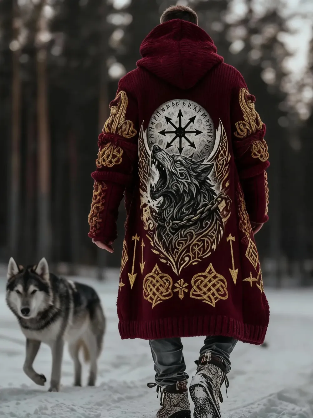 Men's Viking Style Compass Wolf Head Sweater Cardigan