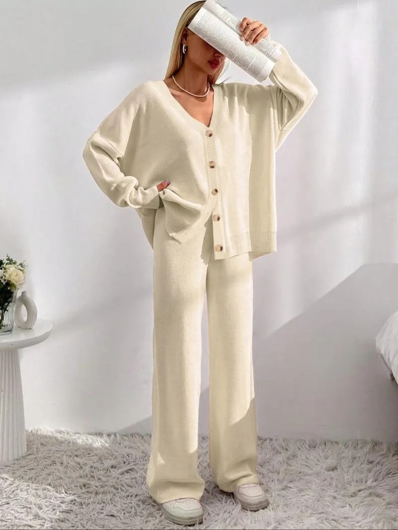 Women's Solid Button Front Drop Shoulder V Neck Cardigan & Elastic Waist Wide Leg Pants Two-piece Set, Matching Clothing Set
