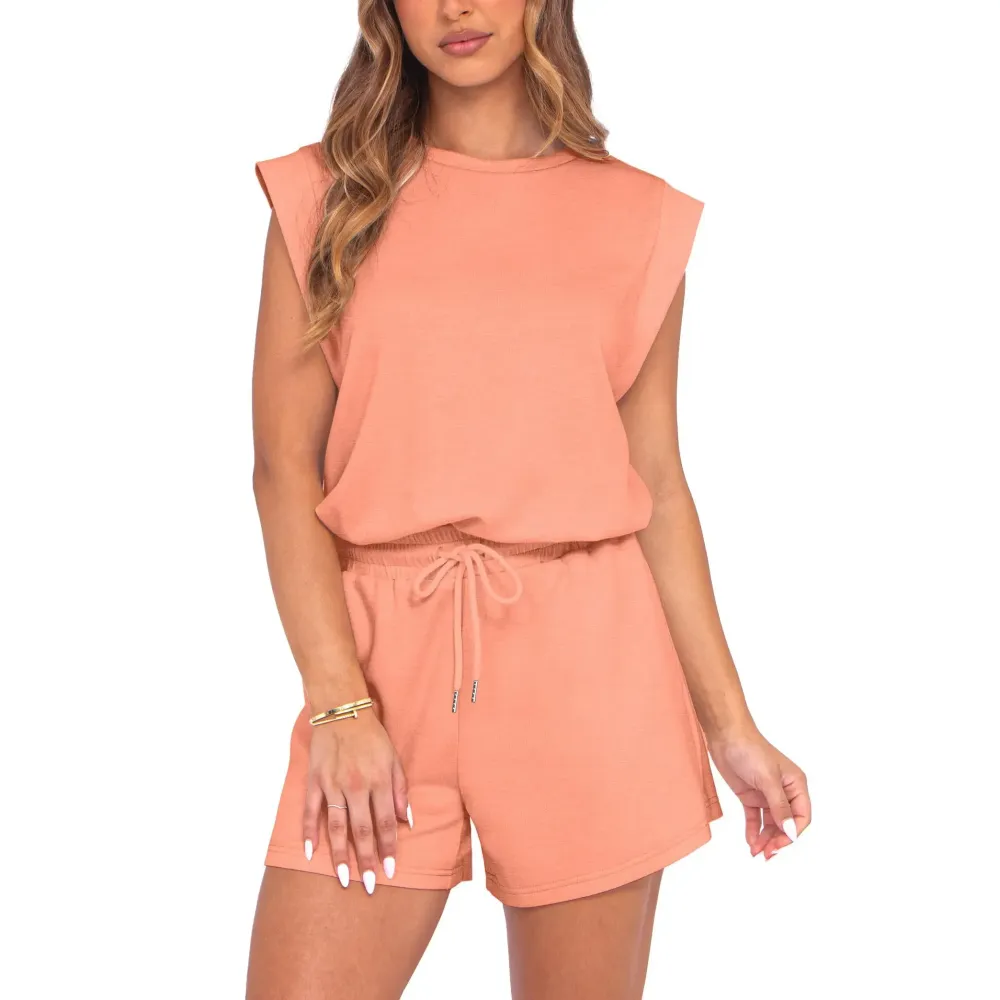 Women 2026 Summer Cap Sleeve Adjustable Drawstring Waistband Cozy Lounge Short Jumpsuit With Pocket