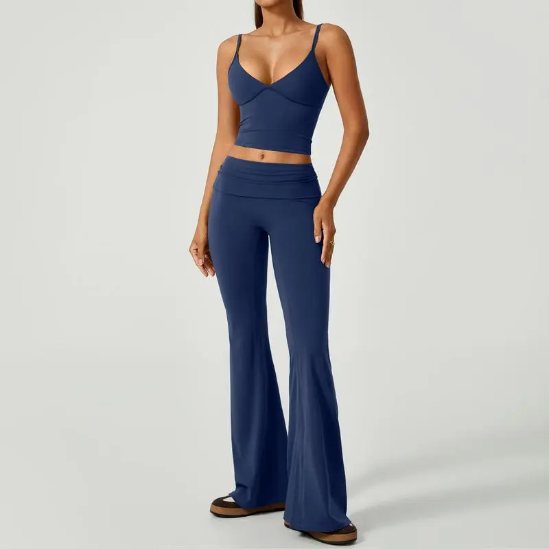 Women's 2-Piece Deep V Crop Cami & Flared Pants Set