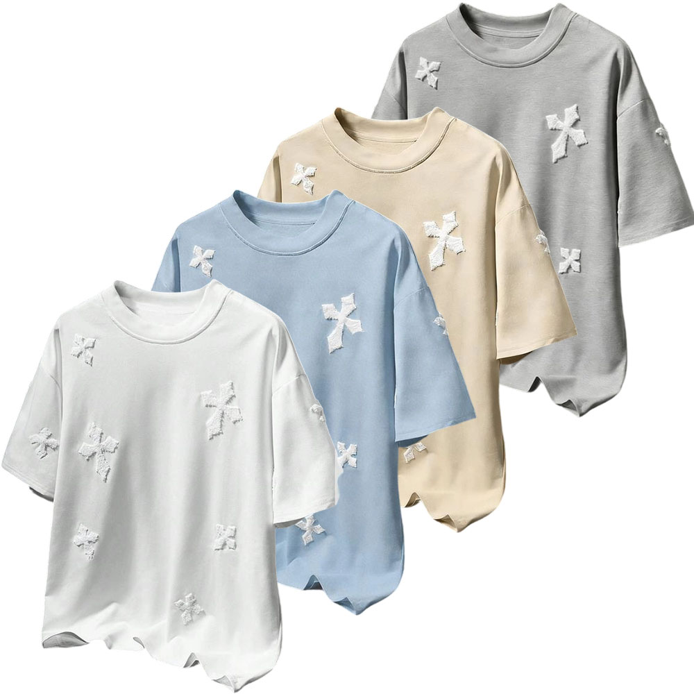 Men's Cross Stitch Embroidered Solid Color Round Neck T-Shirt