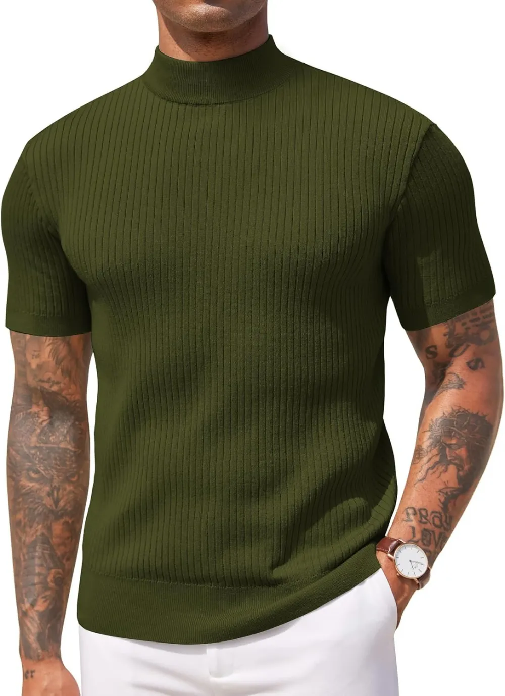 Men's Mock Turtleneck Sweater Short Sleeve Casual Basic Tops Ribbed Knit Pullover Solid Tee(100%Polyester)