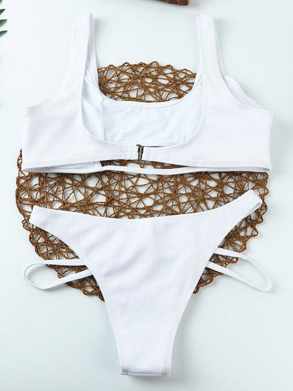 Solid Color Hollow Vest Style Split Bikini Swimsuit