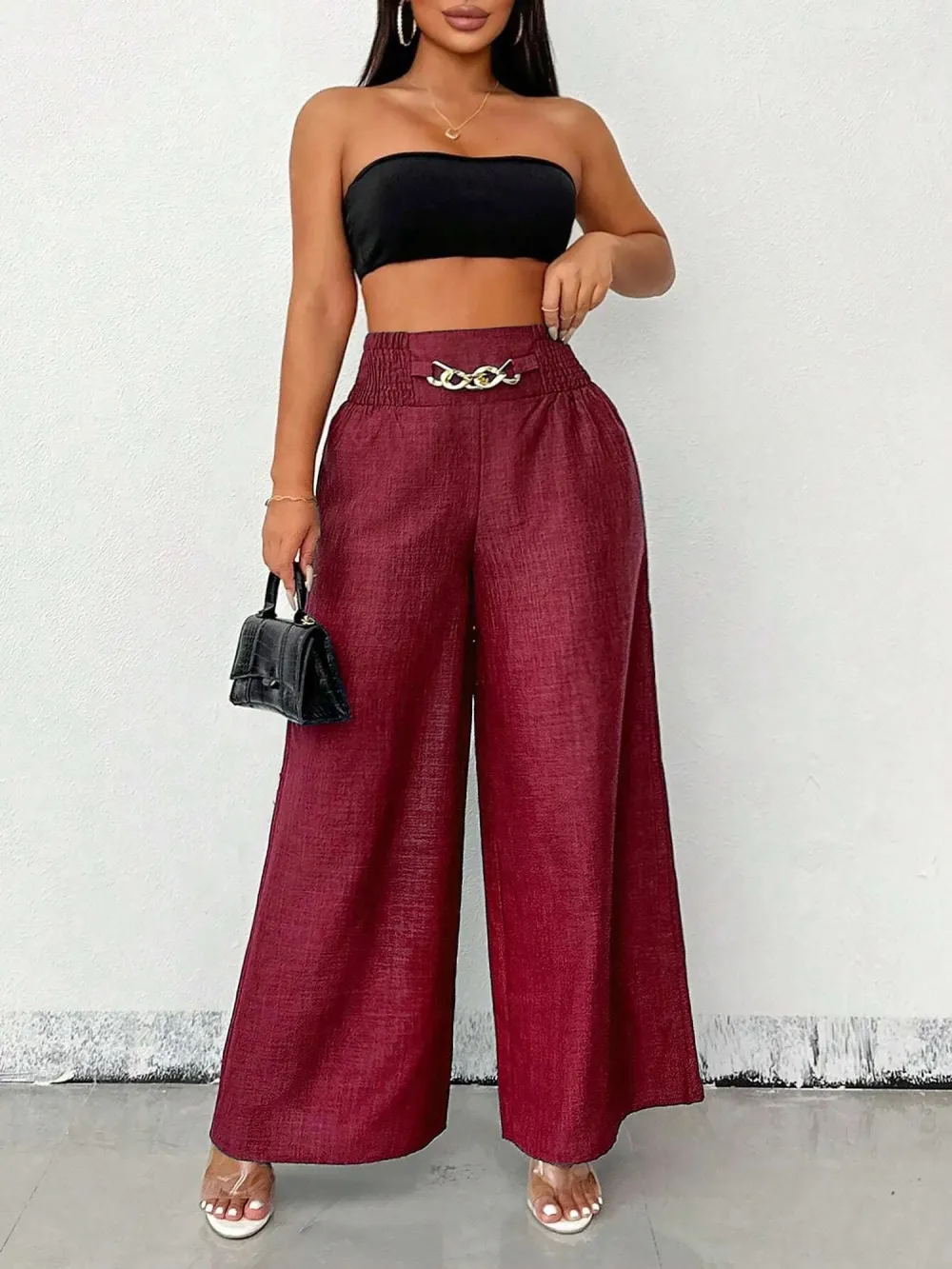 Women's Solid Color High-Waisted Pants, Stretchable Loose-Fitting Wide-Leg Trousers