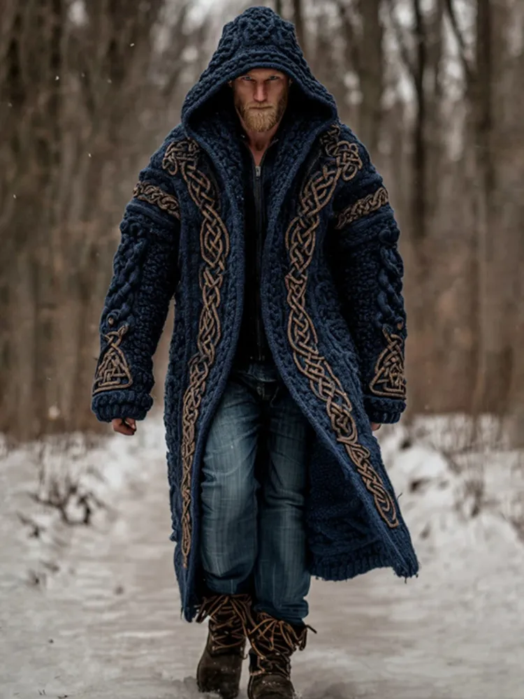 Men's Viking Celtic Knot Art  Mid-length Chunky Knit Cardigan Sweater