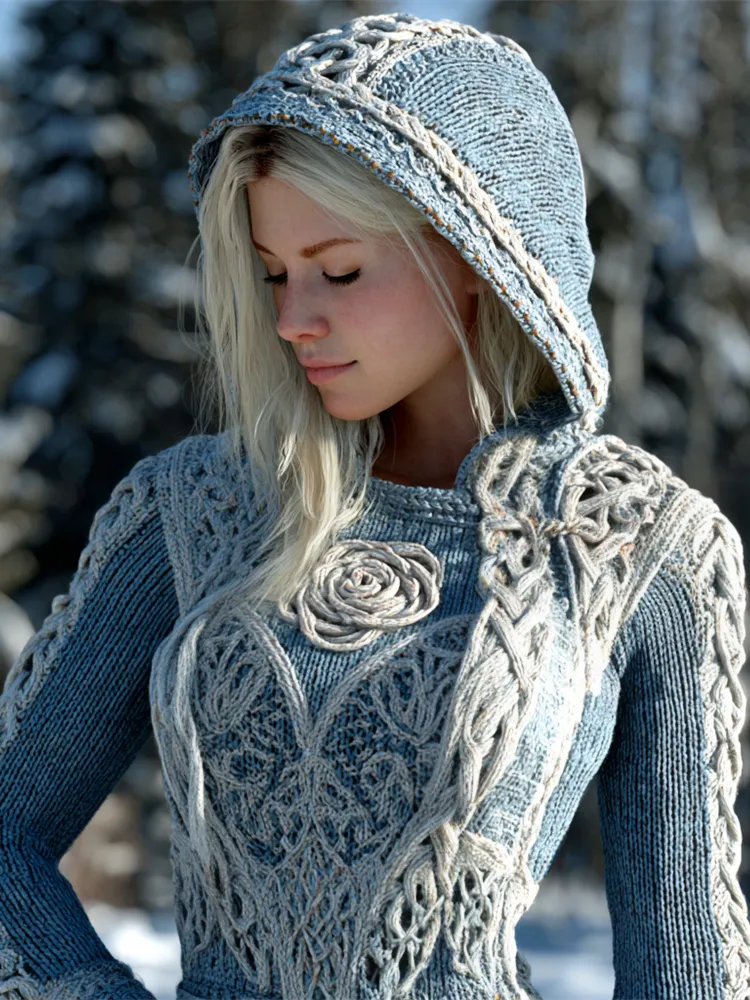 Viking Rose Knit Art Women's Hooded Sweater