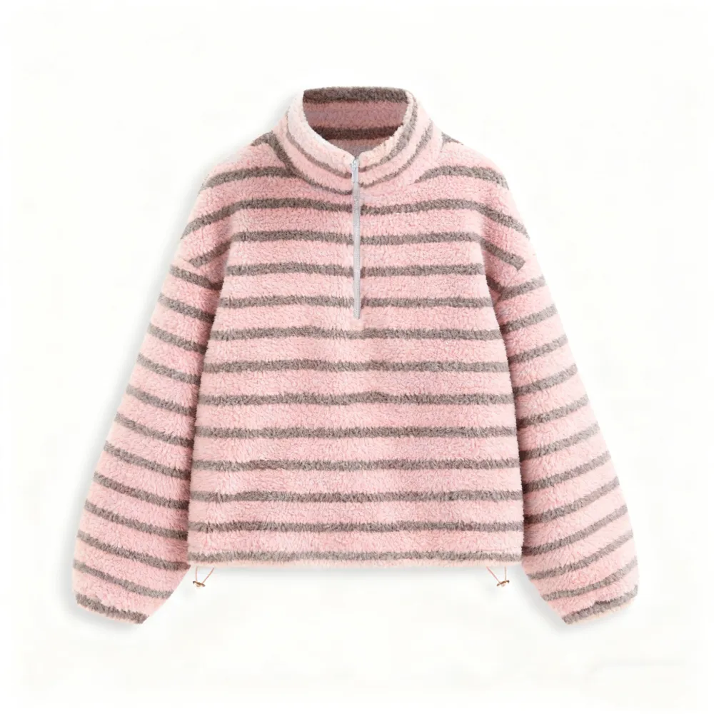 Fleece Stripe Stand Collar Drawstring Half Zip Oversized Sweatshirt