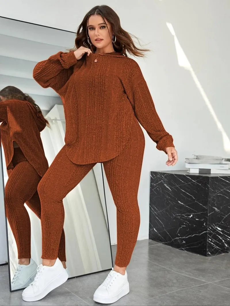 [Plus Size] Plain Split Curved Hem Hoodie & Leggings Lounge Two-piece Set