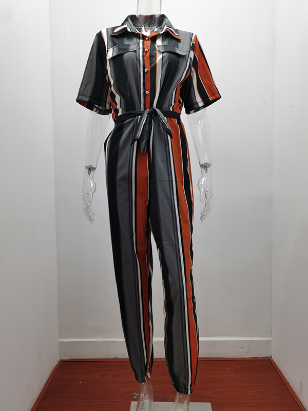 Split-Joint Striped Tied Waist Loose Plus Size Lapel Jumpsuits