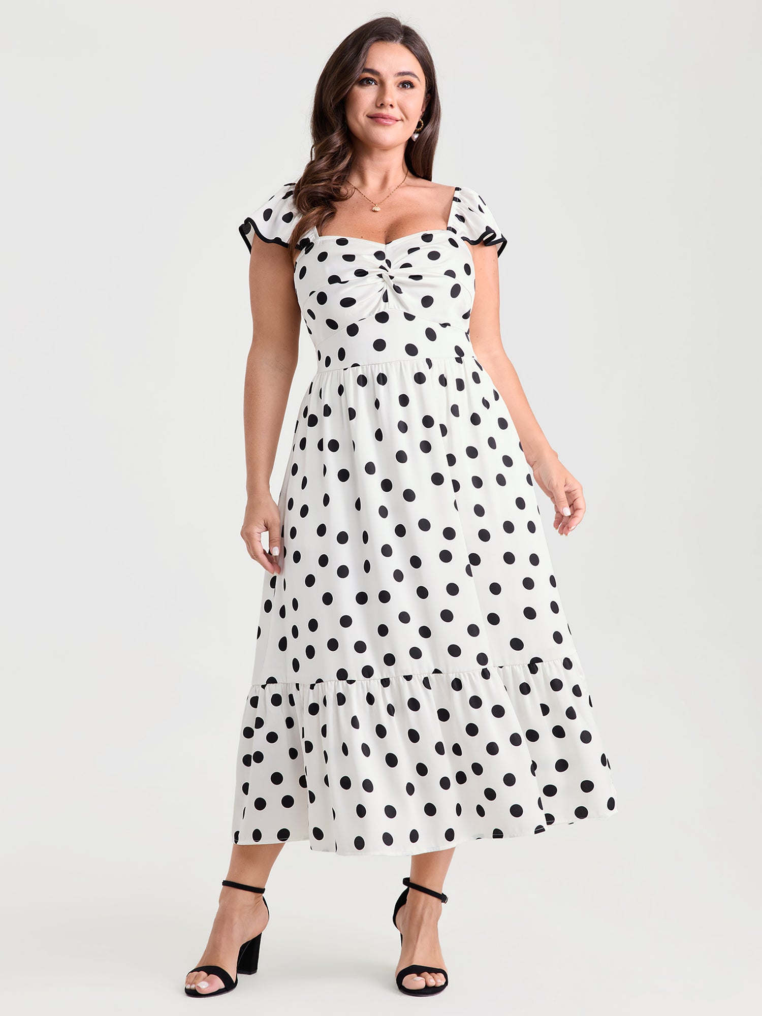 Charming Polka Dots Twist Front Midi Dress