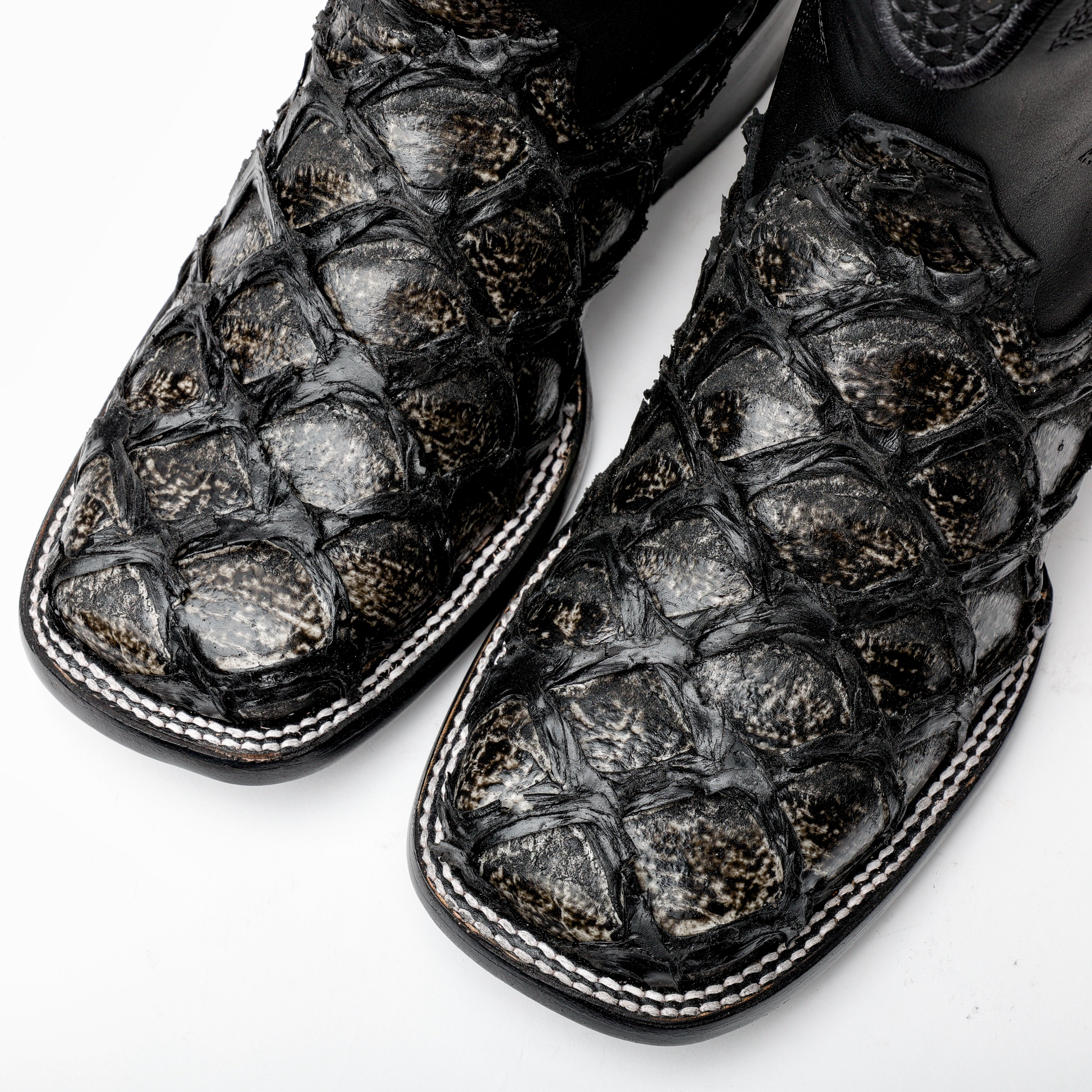 Midnight Grey Jumbo Pirarucu Leather Boots - Square Toe