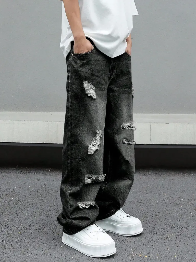 Men's Trendy Loose-Fit Jeans: American Retro-Style Distressed, Casual Wide-Leg Flared Denim