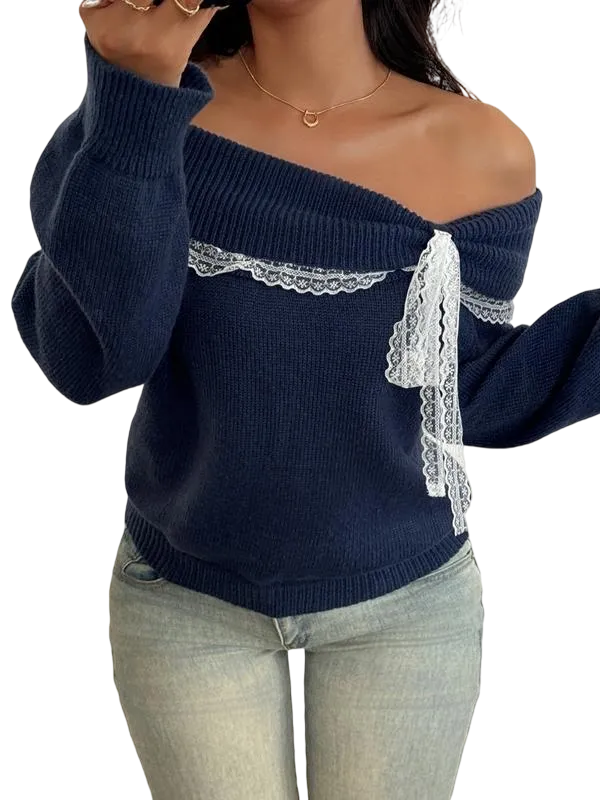 Women's off-shoulder lace bow sweater