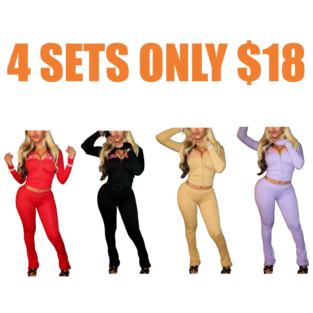 Women's Fall Winter Hooded Letter Print Zipper Jacket and Pants Set