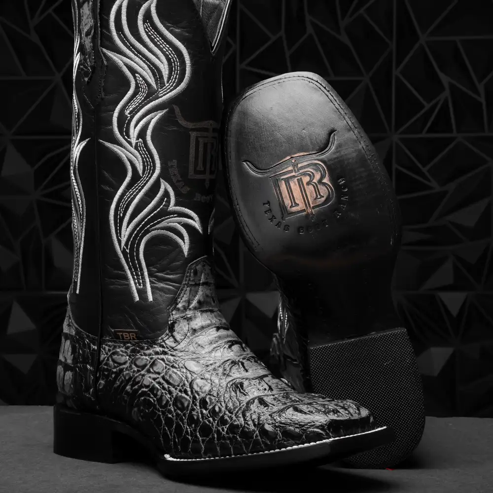 Grey Caiman Neck Leather Boots - Square Toe