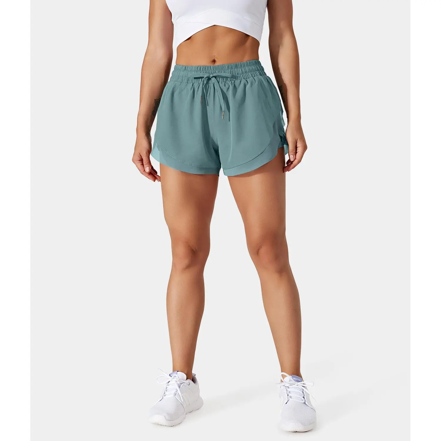 Drawstring Contrast Flowy Mesh Dolphin 2-in-1 Shorts