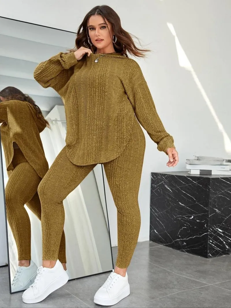 [Plus Size] Plain Split Curved Hem Hoodie & Leggings Lounge Two-piece Set