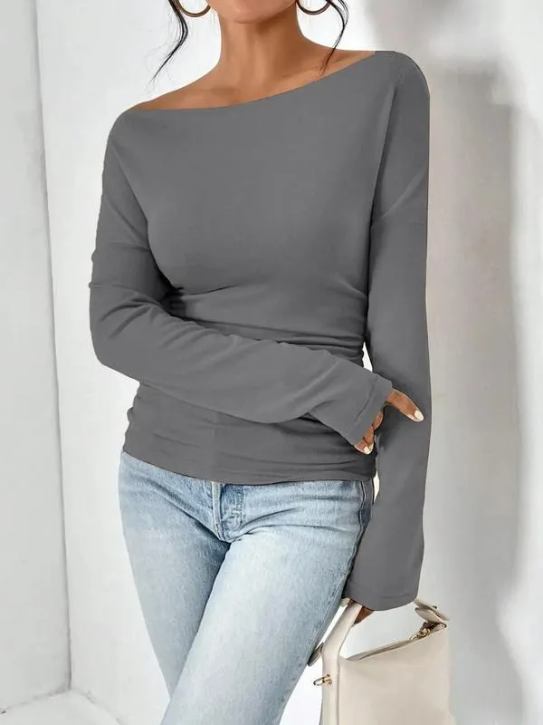 Women's Plain Ruched Asymmetrical Neck Drop Shoulder Tee