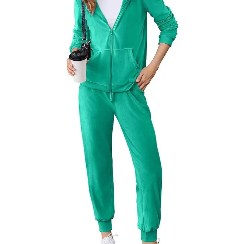 Women's Casual Velour Tracksuit Set Full Zipper Hoodie