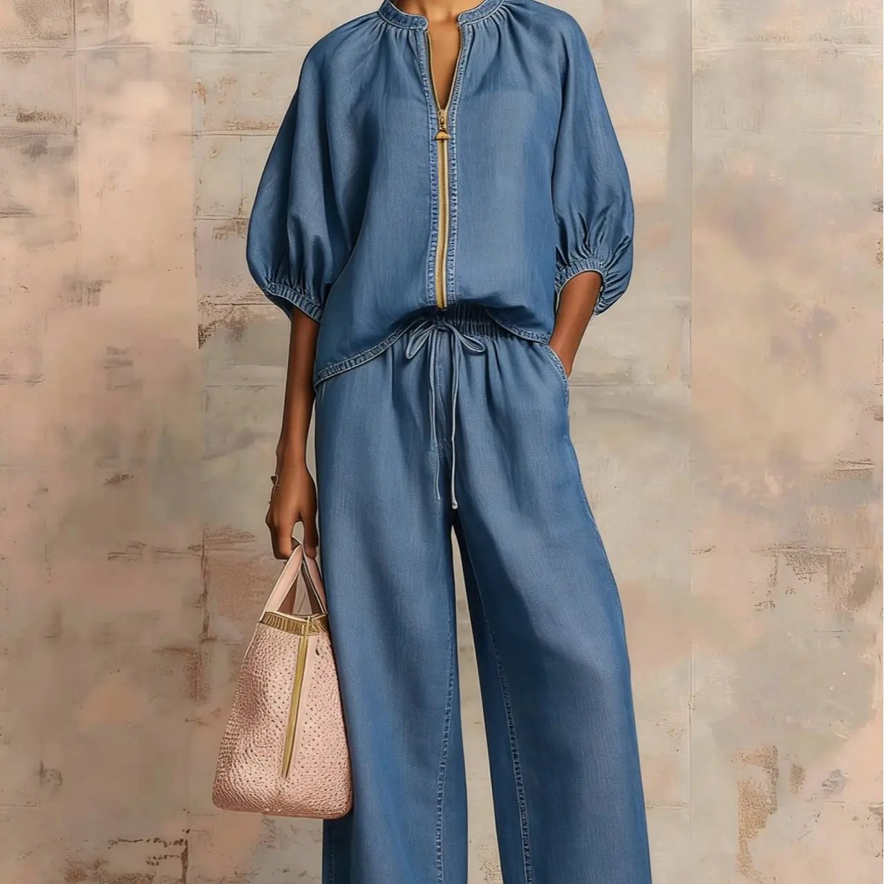 Women's Matching Lounge Set Quarter Zip Pullover Top Loose Wide Leg Pants 2 Piece Sweatsuit Casual Outfit