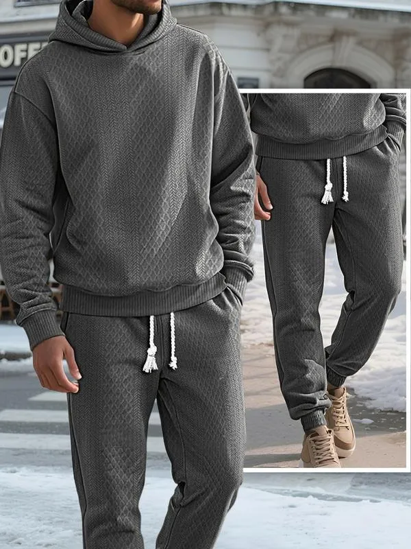 Two-piece men's solid color hooded sweatshirt and drawstring pants set