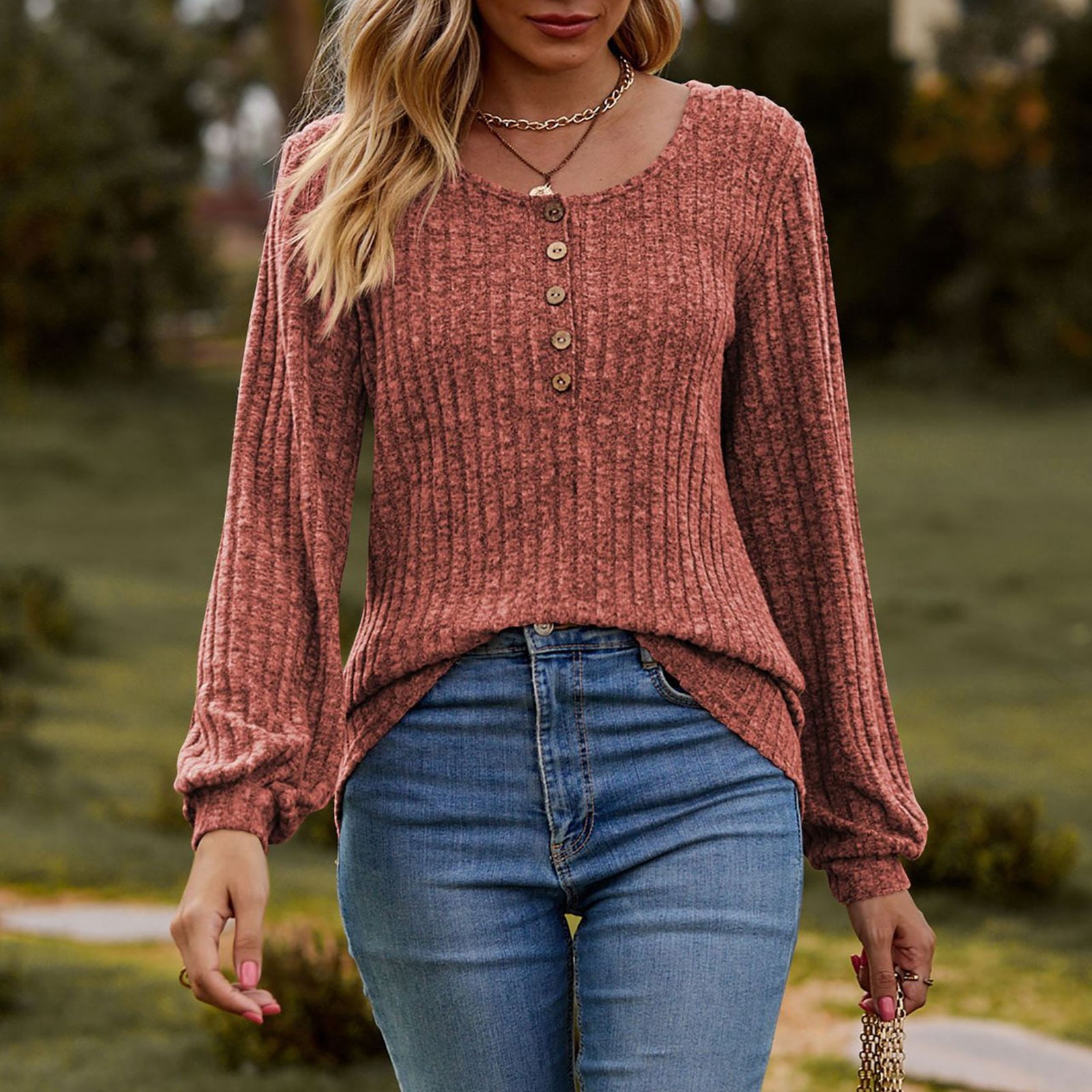 Women's Fall Button Scoop Neck Puff Long Sleeve Henley Shirts
