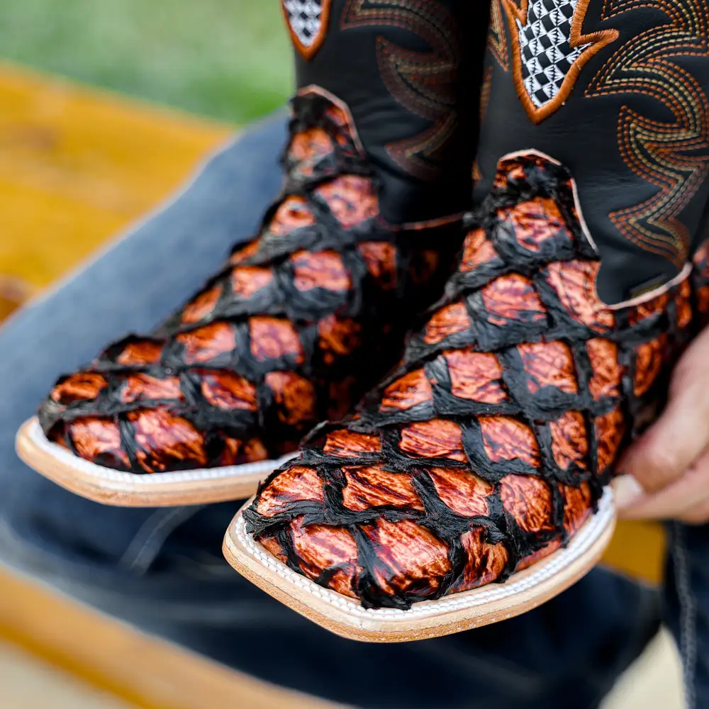 Cognac Jumbo Pirarucu Leather Boots - Square Toe