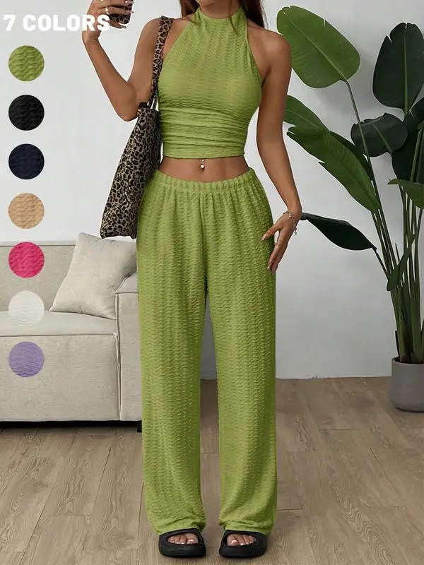 Women's Solid Crop Halter Neck Top & Wide Leg Pants Set