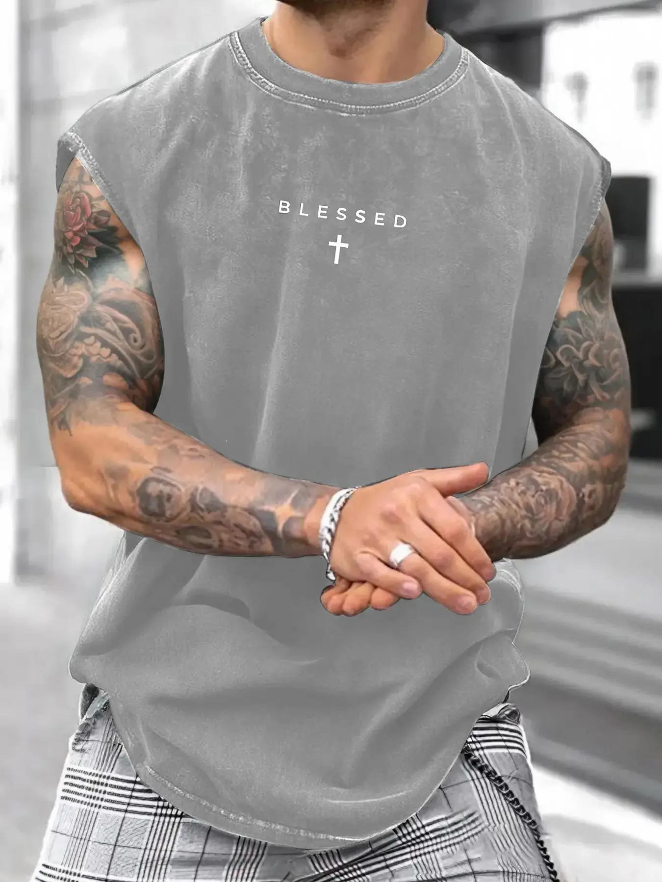 Men's Loose-Fit Sleeveless Short Graphic T-Shirt, Pure Cotton Menswear Streetwear Street Style Summer Top