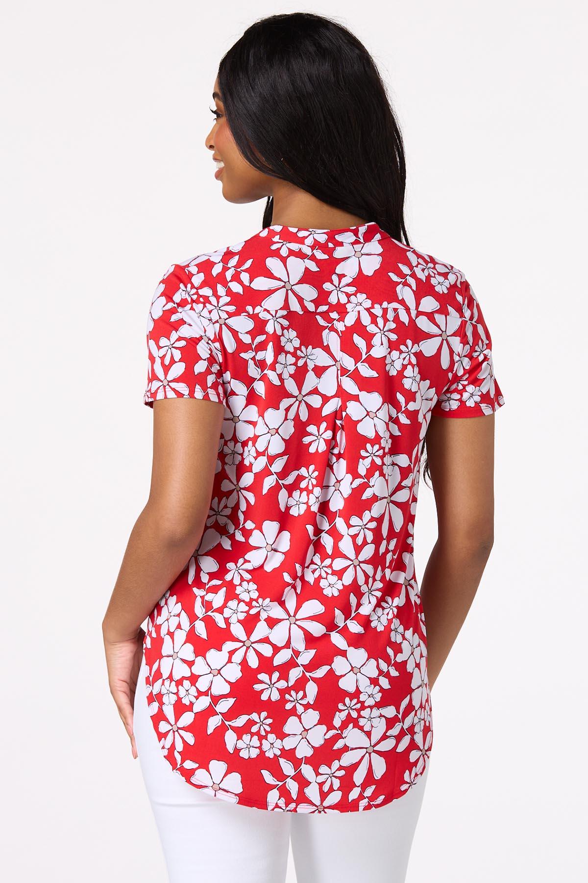 Red Ditsy Floral Popover Top