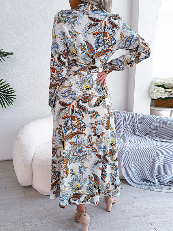 Buttoned Flower Print Tied Waist Long Sleeves Lapel Maxi Dresses