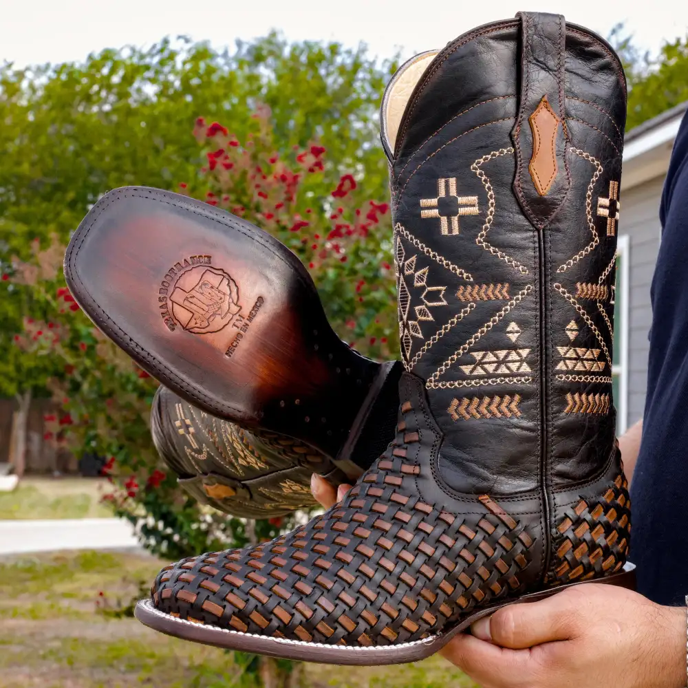 Brown Basketweave Leather Boots - Square Toe